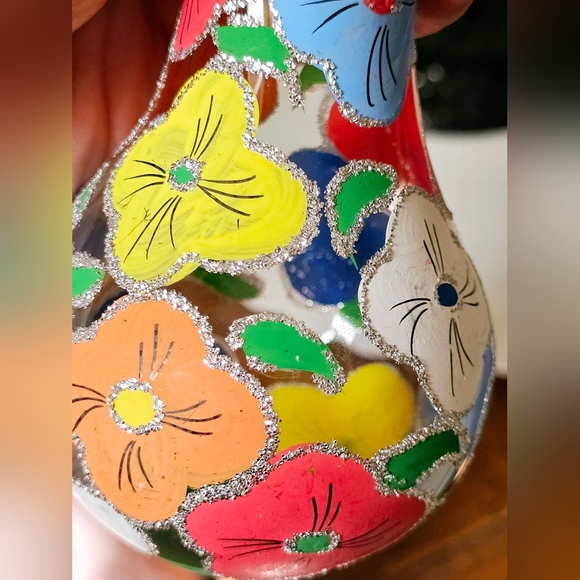 Large hand-painted glass Christmas ornament. Floral Botanical design. Pear Shape - Picture 4 of 7